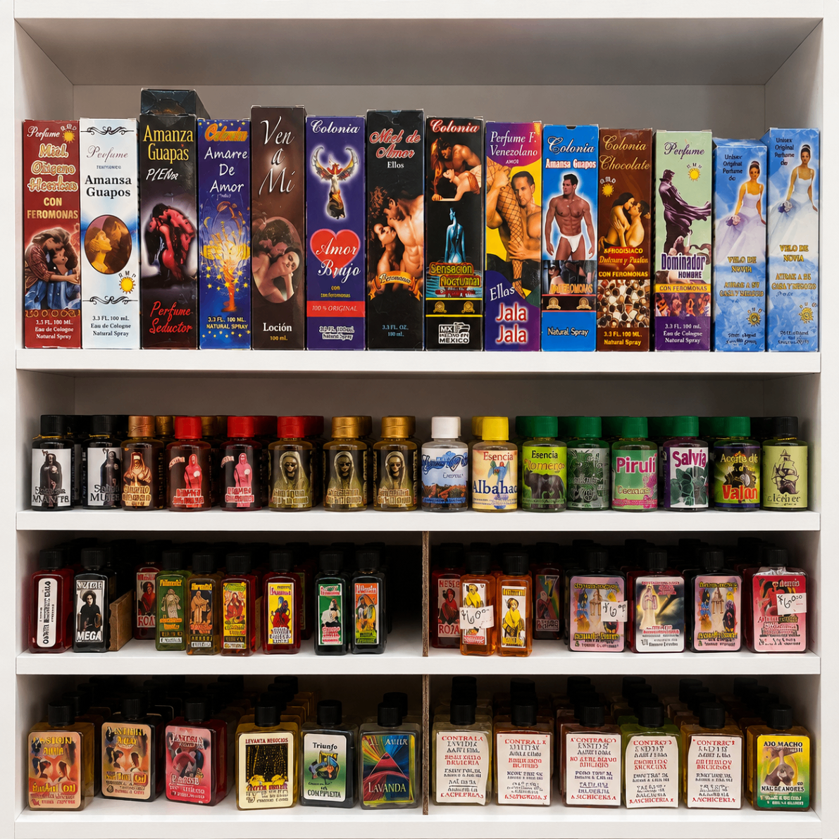 Anaqueles con cajas de colonias esotéricas y veladoras pequeñas