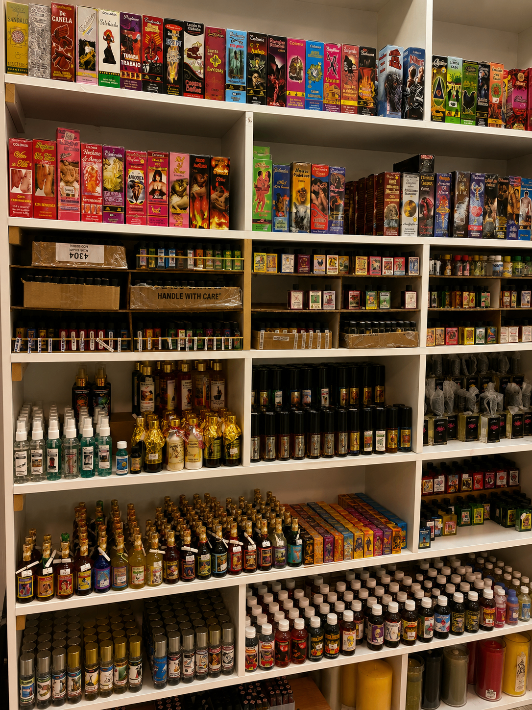 Estante amplio de perfumes, colonias rituales y esencias espirituales