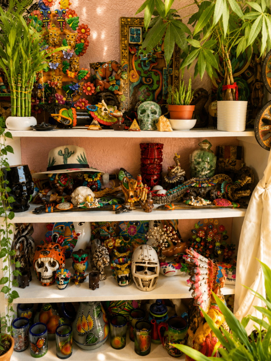 Altar interior con figuras, plantas y decoración espiritual colorida