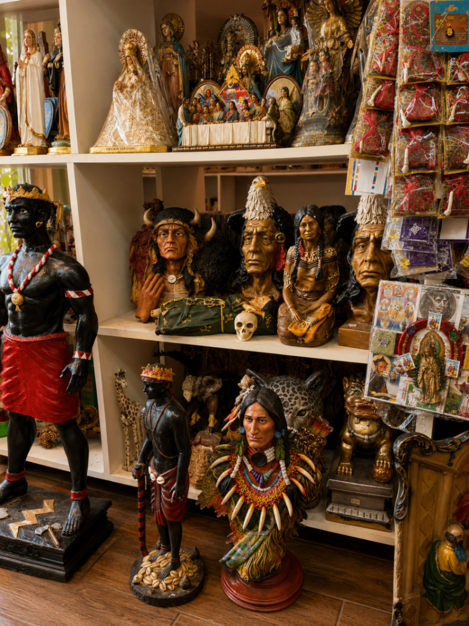 Estantería con figuras artesanales y piezas de inspiración espiritual